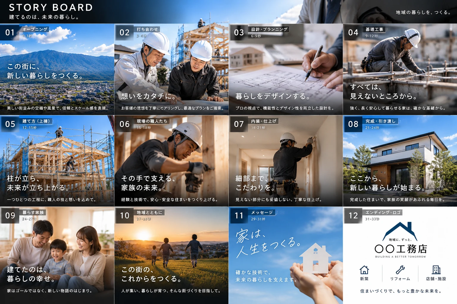 家づくりの12場面を並べたストーリーボード